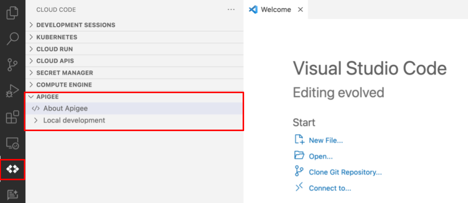 Apigee di Cloud Code menampilkan ikon di panel aktivitas