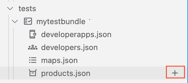 將游標置於 products.json 上時，系統會顯示 +