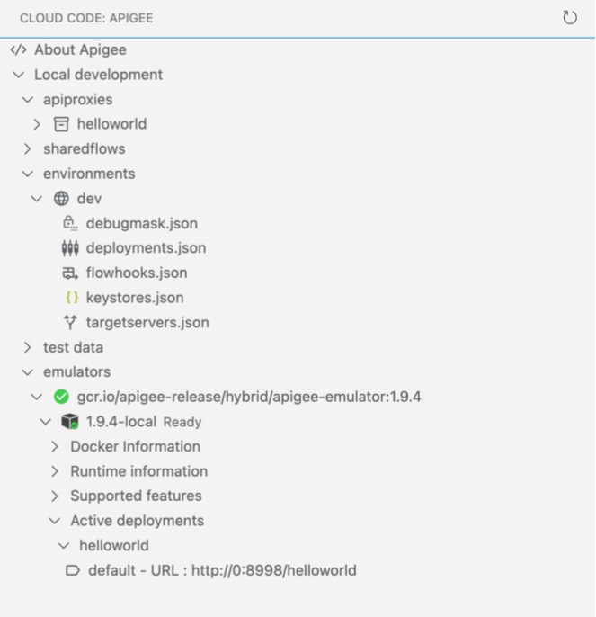 Apigee Emulator 顯示已部署的 helloworld 應用程式和有效測試資源