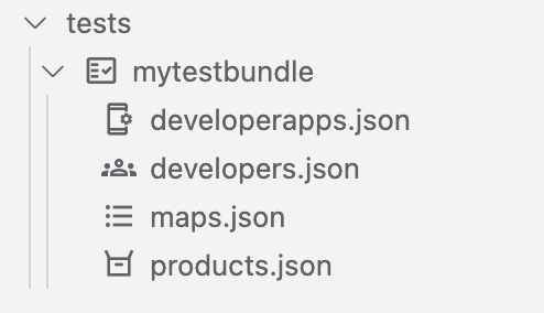 developerapps.json、developers.json、maps.json、products.json のファイルを含むテストフォルダ。