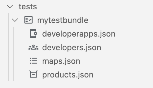 包含 developerapps.json、developers.json、maps.json 和 products.json 檔案的測試資料夾
