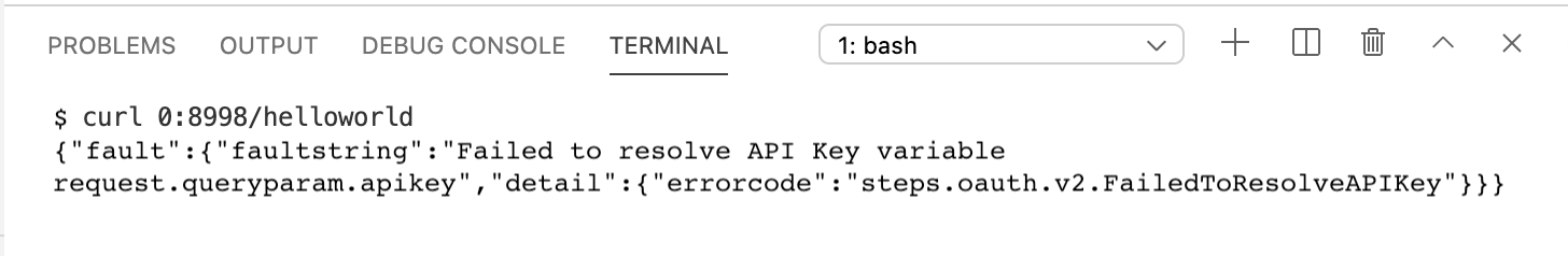 Aufrufen der API im Terminal-Tab und Abrufen eines Autorisierungsfehlers