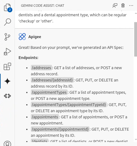 Cloud Code Gemini Code Assist chat showing spec endpoints