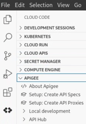 Cloud Code 中的 Apigee，活動列顯示圖示