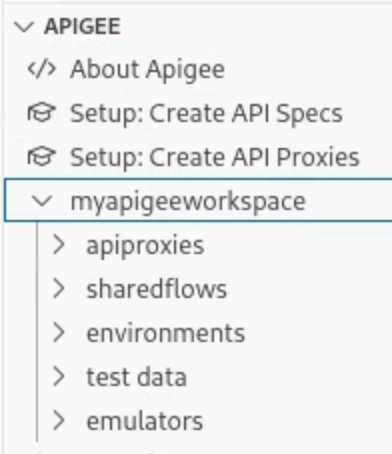 apiproxies, sharedflows, environments, tests 등 Apigee 작업공간 폴더가 표시된 Apigee 섹션