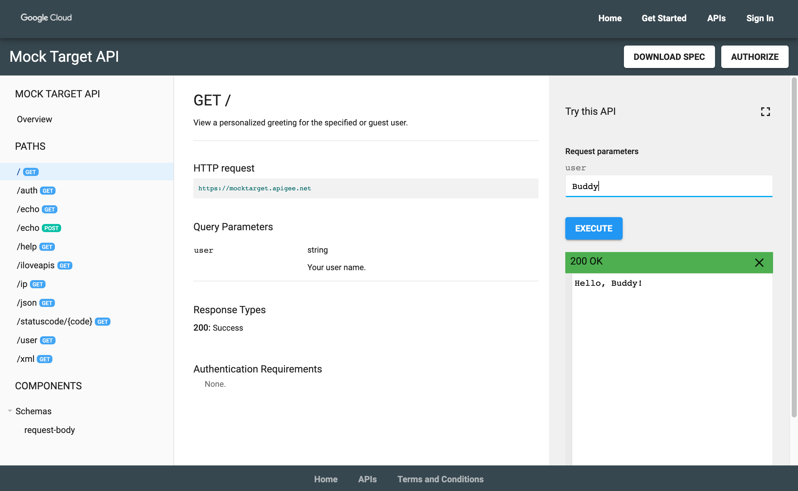 使用「Try this API」面板發布的模擬目標 API