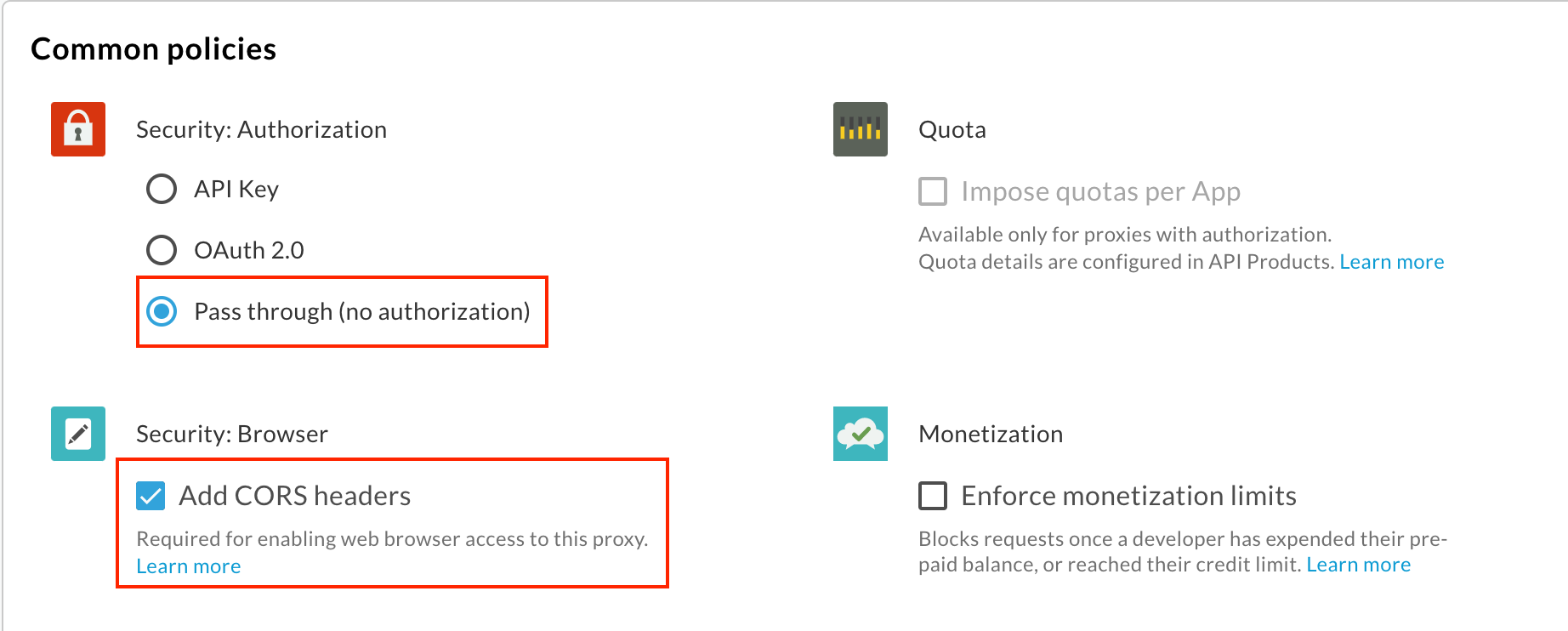 Halaman kebijakan umum di wizard Create Proxy dengan header Passthrough dan Add CORS dipilih