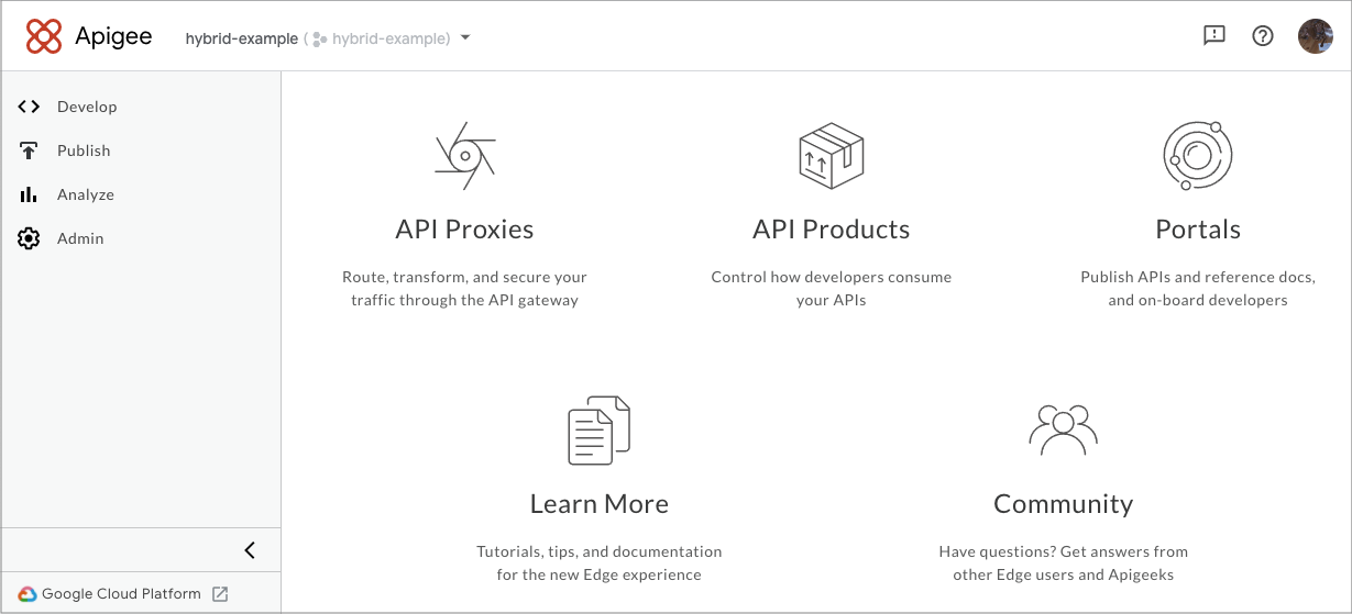 왼쪽 탐색창과 링크가 있는 대형 이미지로 구성된 Apigee Hybrid UI의 방문 페이지입니다.