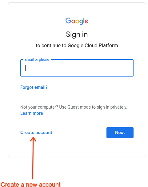 Google 登入畫面，畫面上標示「建立帳戶」。