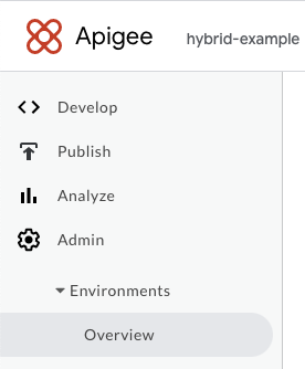 The Apigee UI menu showing Admin, Environments, Overview expanded