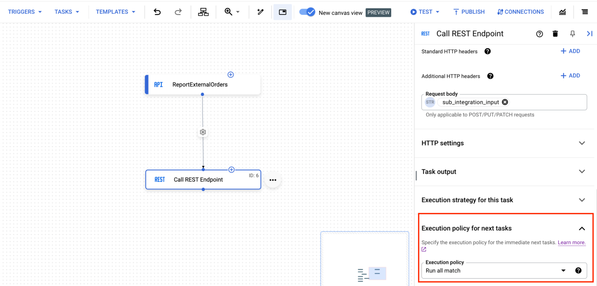 Configura la forcella nel nuovo canvas