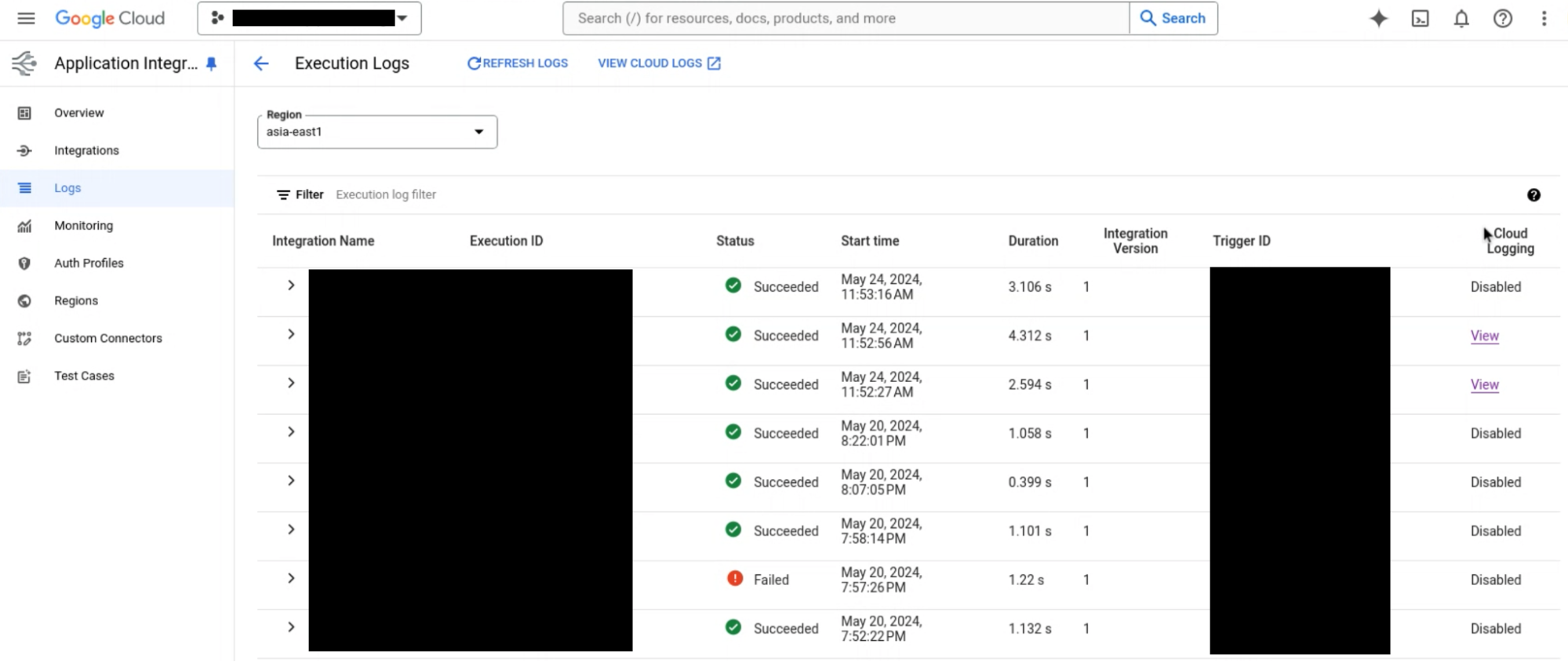 Imagen que muestra la página Registros de ejecución de Application Integration