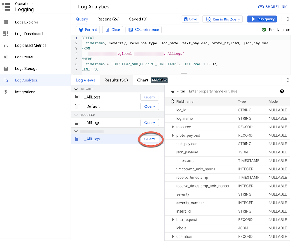 Log Analytics con la tabella cloudaudit_googleapis_com_data_access selezionata.