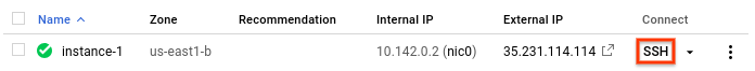 Botón SSH junto al nombre de la instancia.