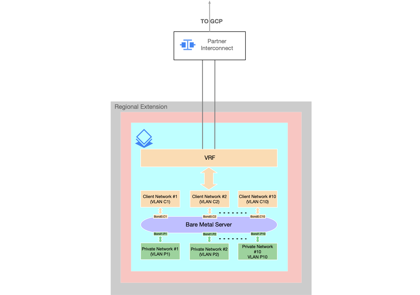 Bare Metal Solution の高度なネットワーク構成 - 1。