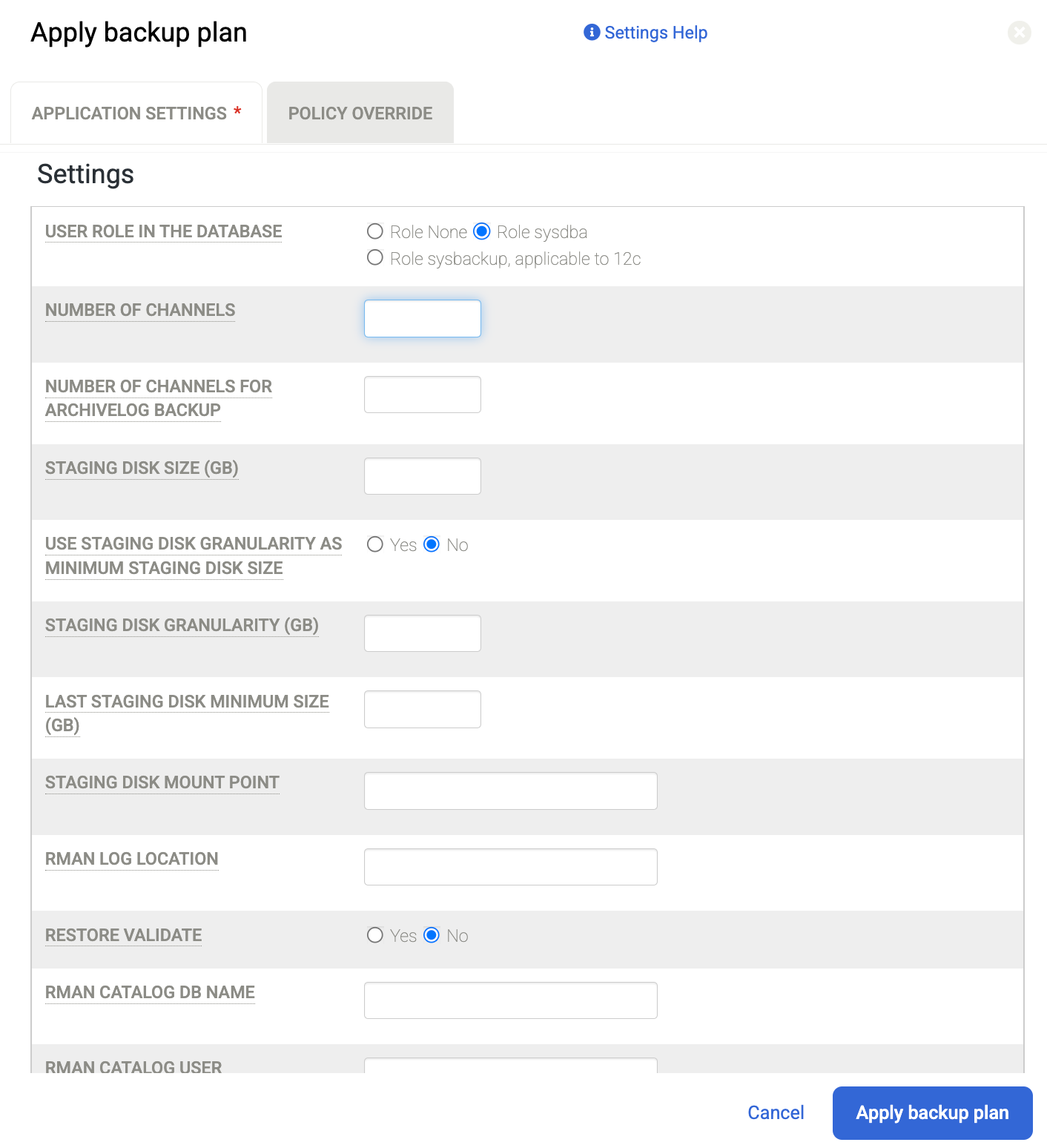 Backup and DR dialog box that shows the advanced options for backup plans.