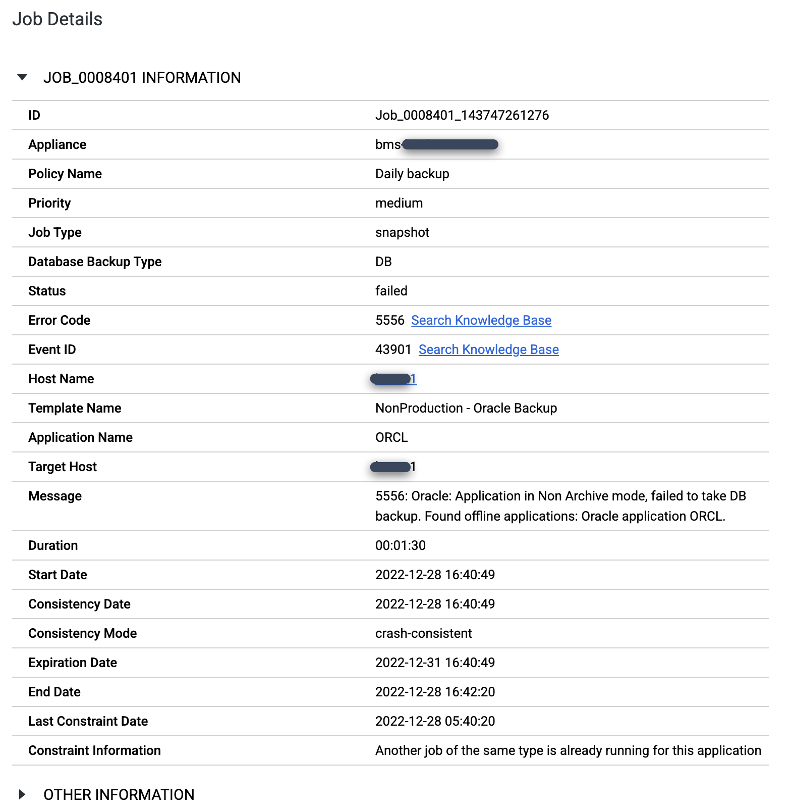 Backup and DR dialog box that shows Job Details which contain the error code 5556.