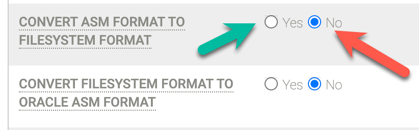 Backup and DR dialog box that shows a misconfiguration in the settings for an NFS host staging disk that tries to use an ASM database. To fix this, change the Convert ASM to Filesystem setting to Yes.