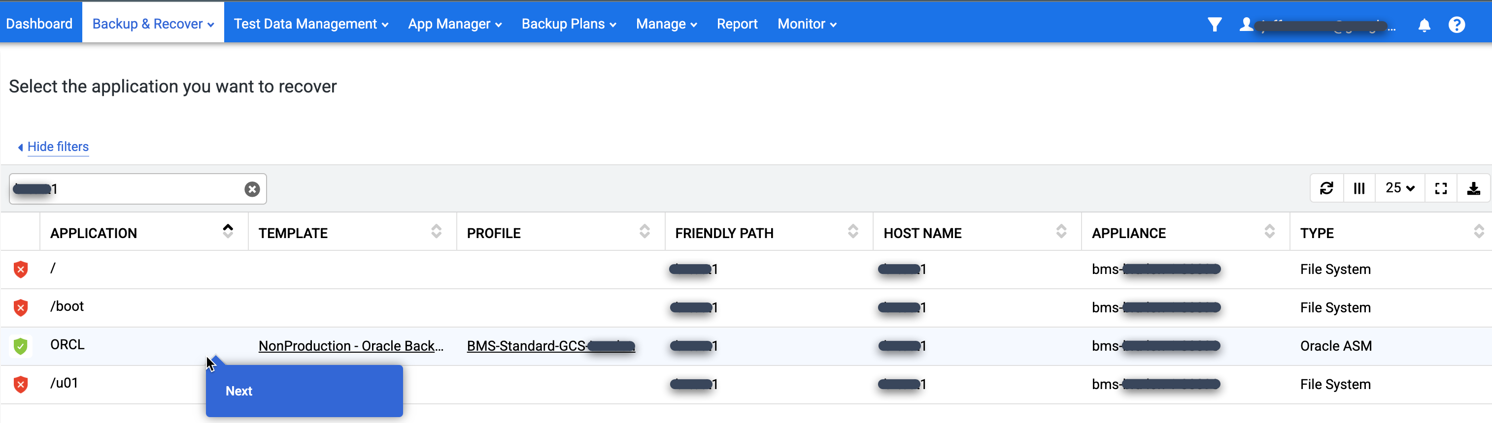 Backup and DR management console page that shows you how to select a database that you want to recover.