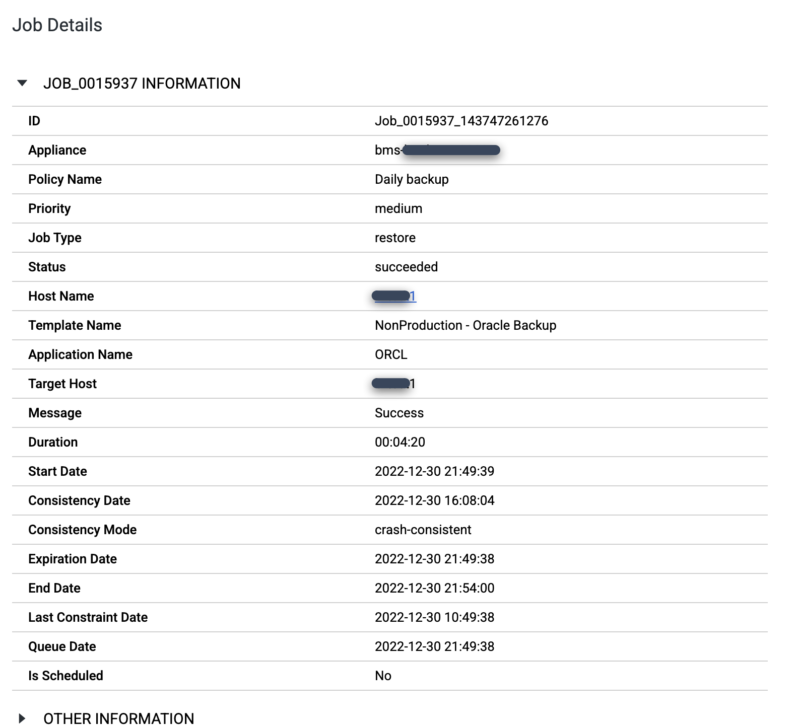 Backup and DR dialog box that shows job details.