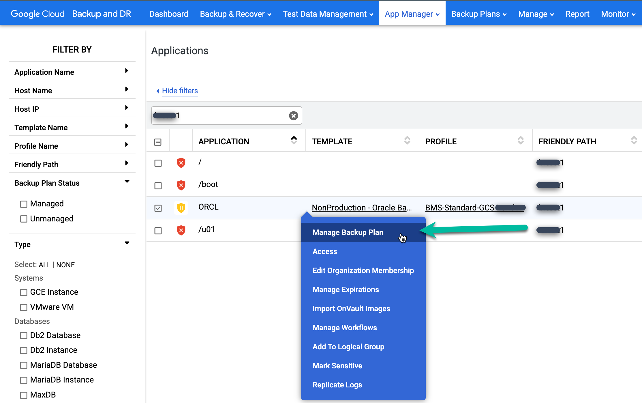 Backup and DR management console page that shows how to select the Manage Backup Plan menu item from the Applications page.