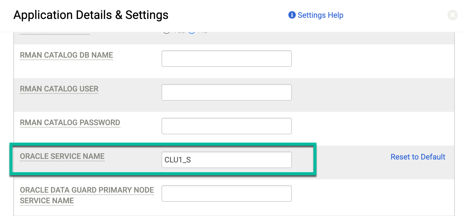 Backup and DR dialog box for Application Details and Settings that shows the location of the Oracle Service Name field.