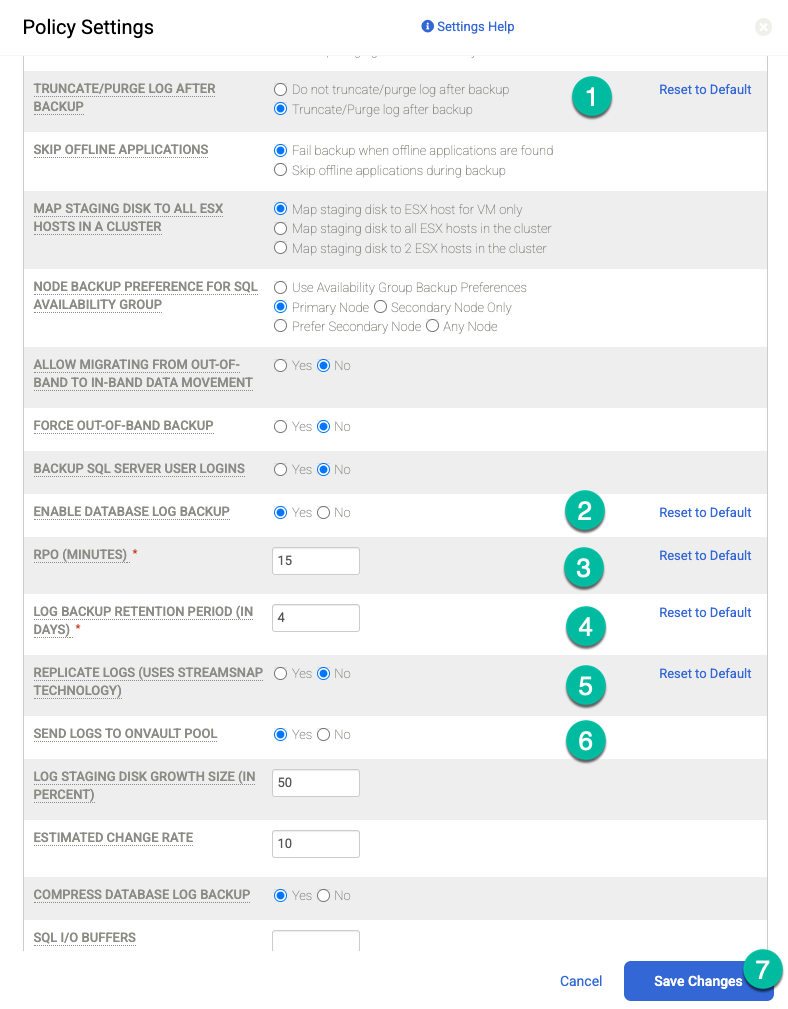 Backup and DR management console page that shows recommended policy settings.