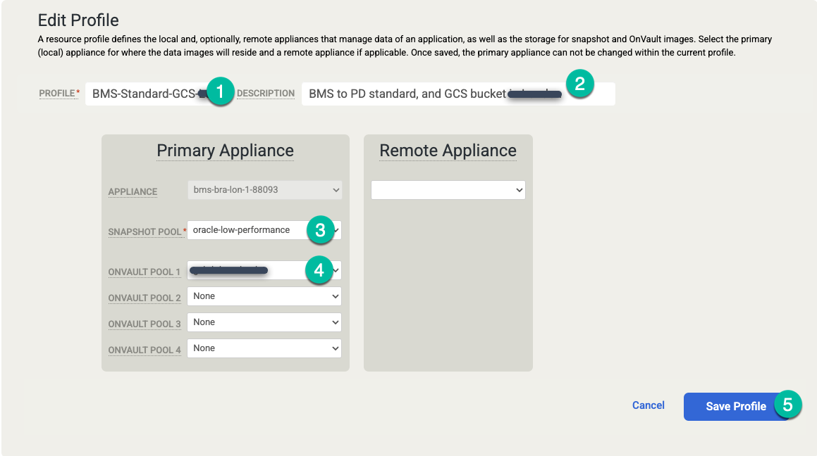 Backup and DR management console page that shows how to save an edited profile.