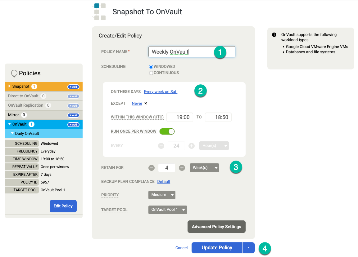 Backup and DR management console page that shows how to add additional policies and retention schedules for an OnVault pool.