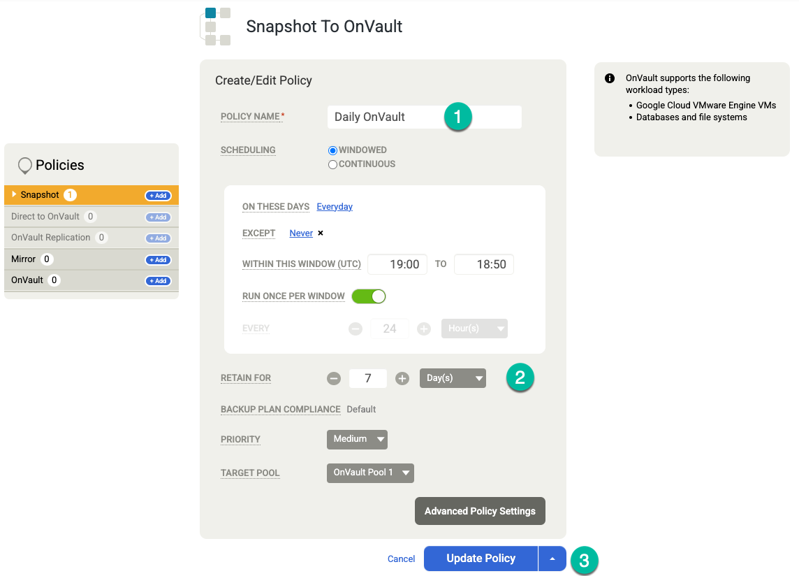 Backup and DR management console page that shows how to create and edit a policy for an OnVault pool and add a retention schedule.