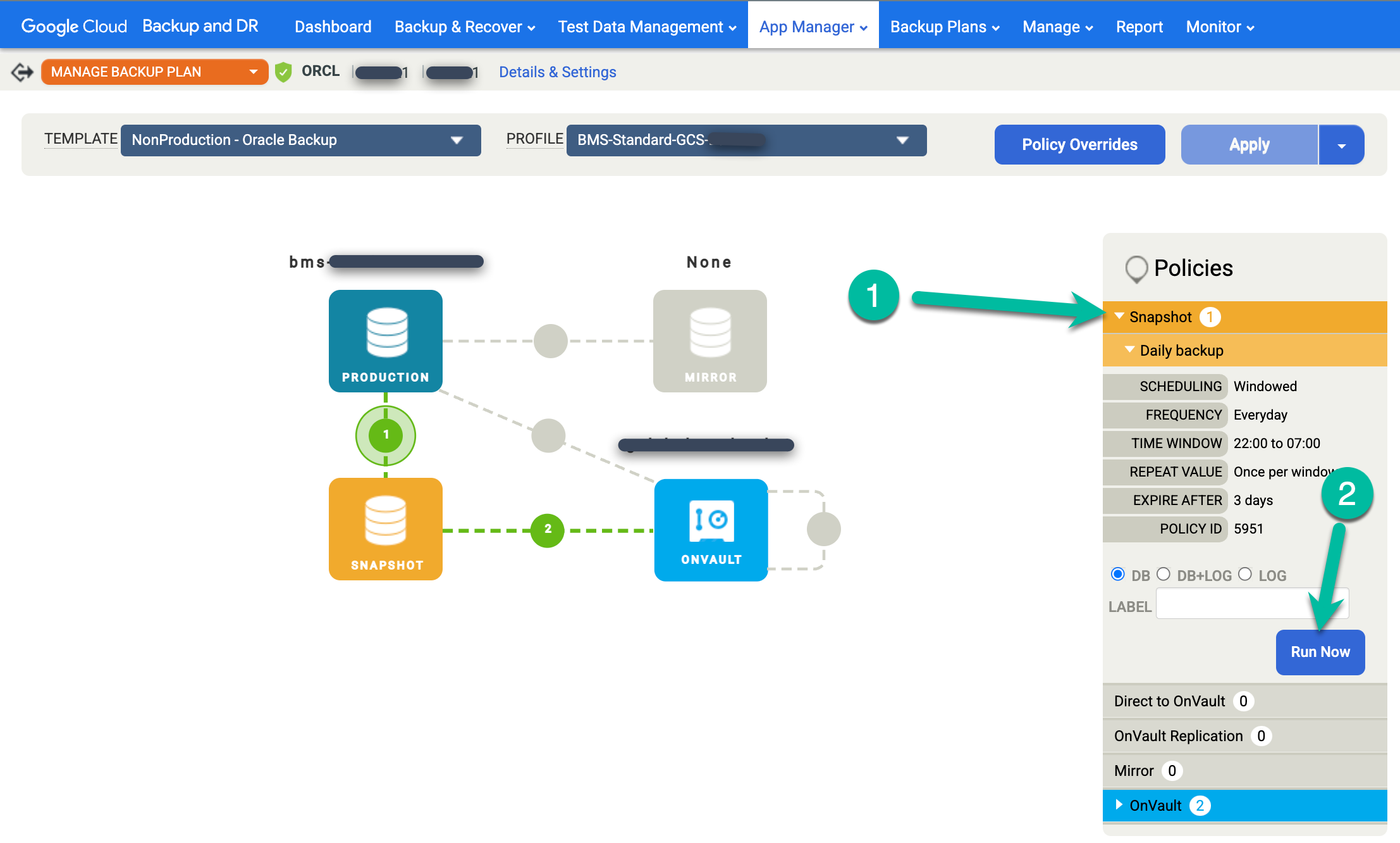 Backup and DR management console page that shows you how to click the Snapshot menu and capture a snapshot.