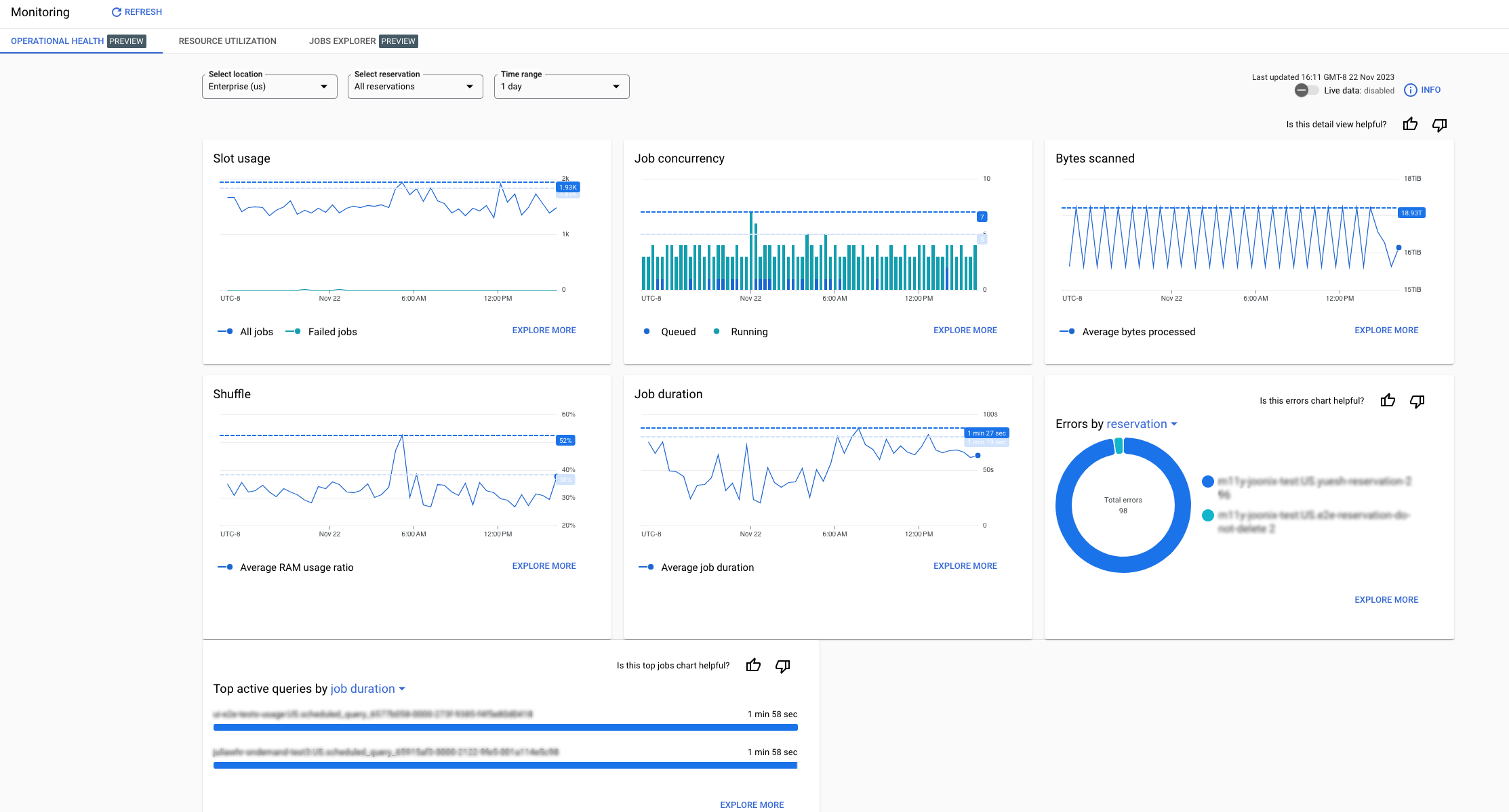 BigQuery 관리 상위 작업 목록 표시줄