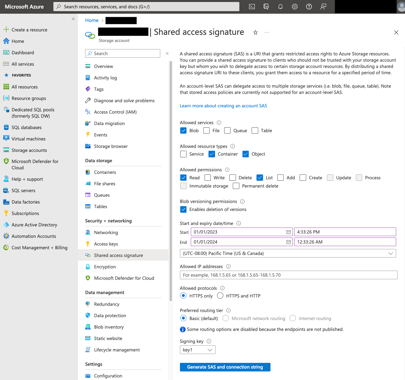 Azure 入口網站 SAS