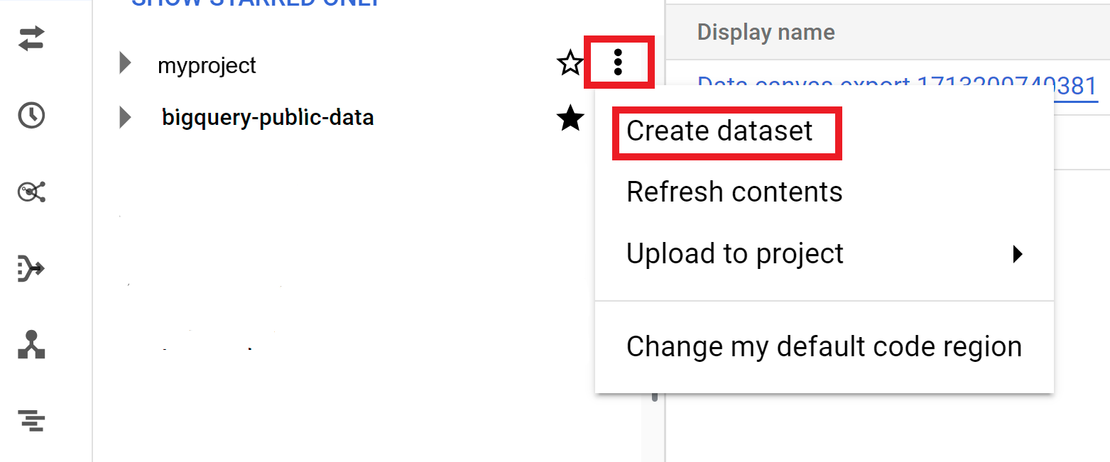 Usa el menú de acciones del proyecto para crear un conjunto de datos.