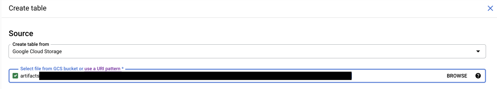 Seleziona il file di origine per creare una tabella BigQuery