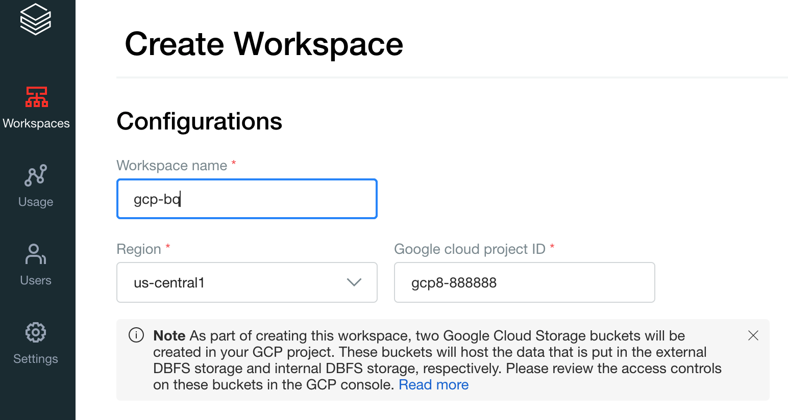 Écran &quot;Créer un espace de travail&quot; avec le nom, la région et l&#39;ID de projet Google Cloud