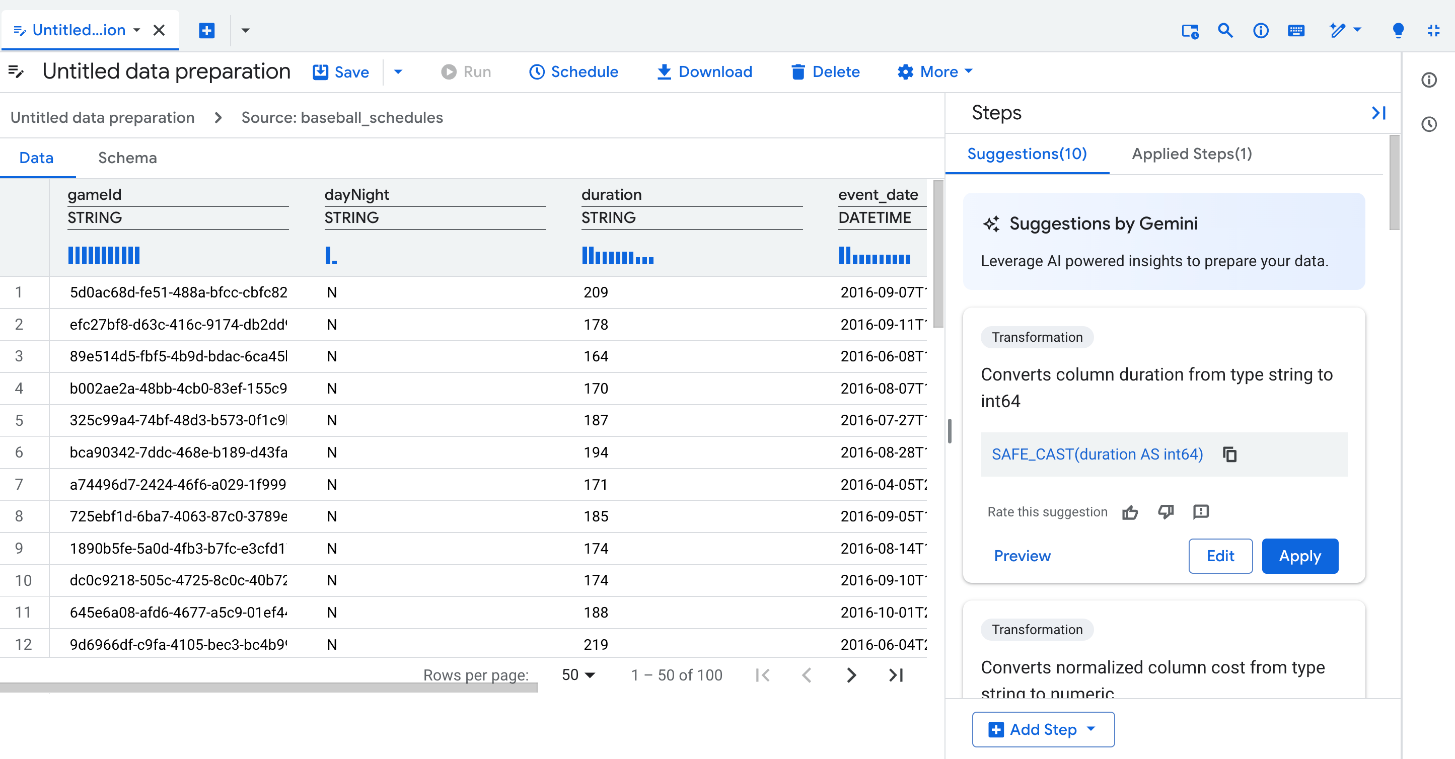 Datenansicht im Editor für die Datenvorbereitung