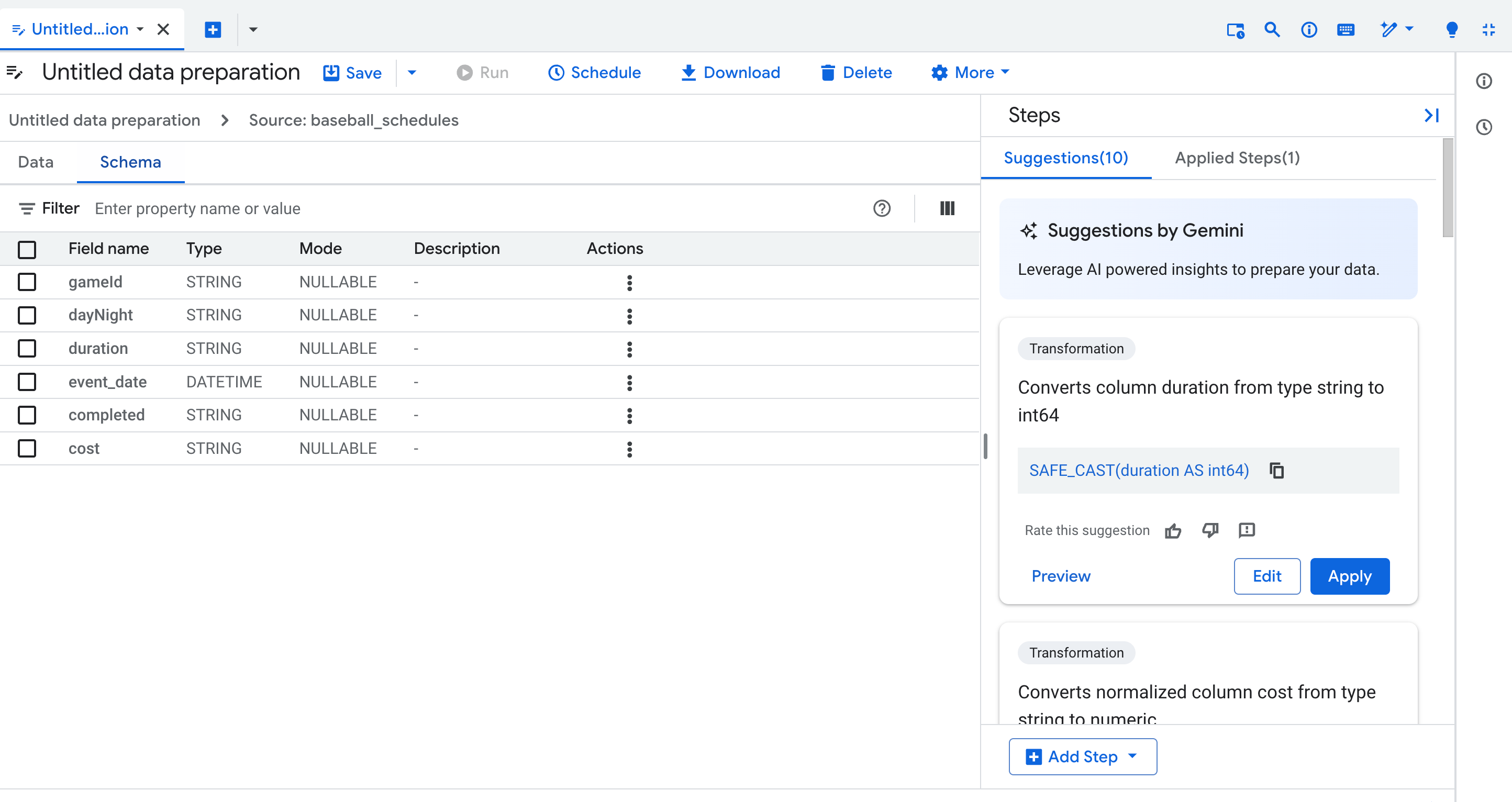 Schemaansicht im Editor für die Datenvorbereitung