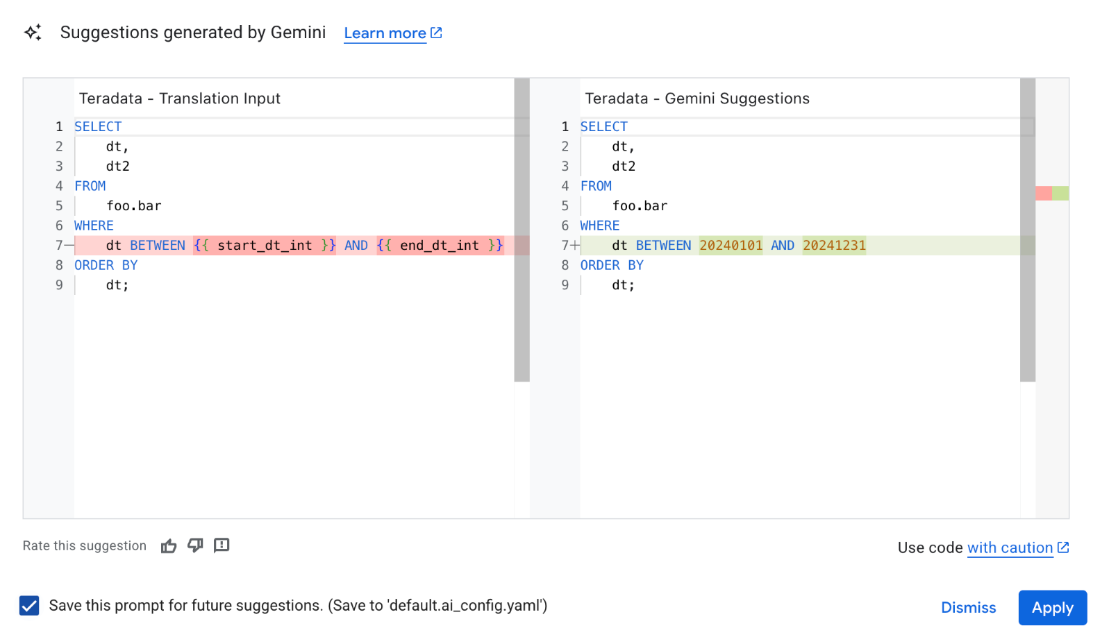 Gemini ベースの構成 YAML ファイルから変更を適用する