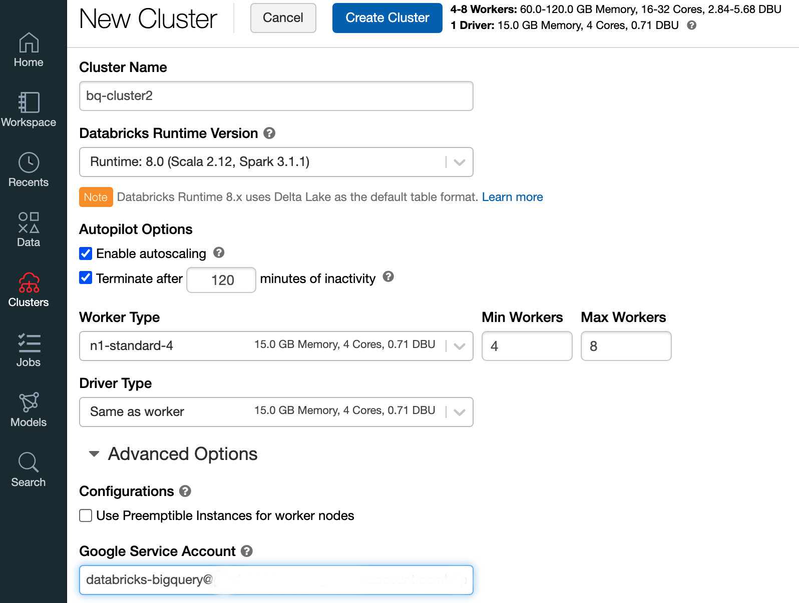 Google サービス アカウントの詳細が表示されている [New Cluster] 画面