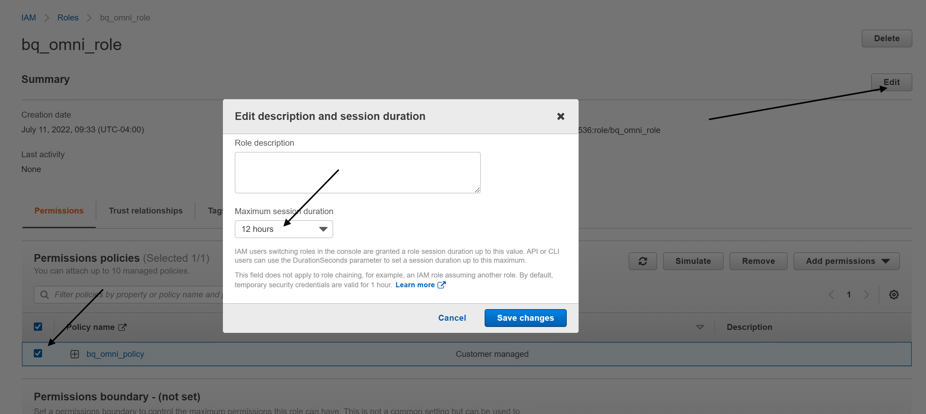 Botón Editar en AWS para establecer la duración de la sesión.