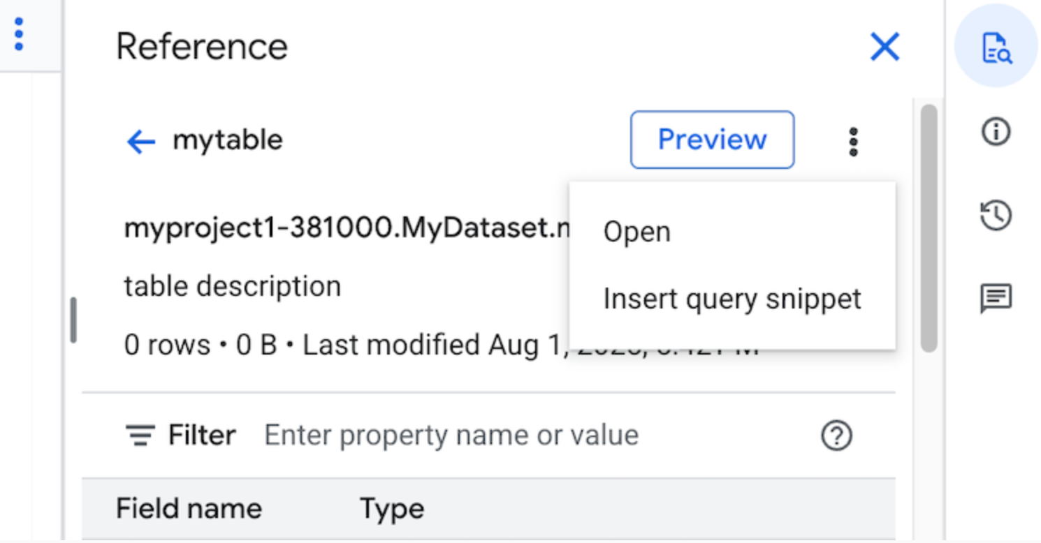 Reference panel in query editor