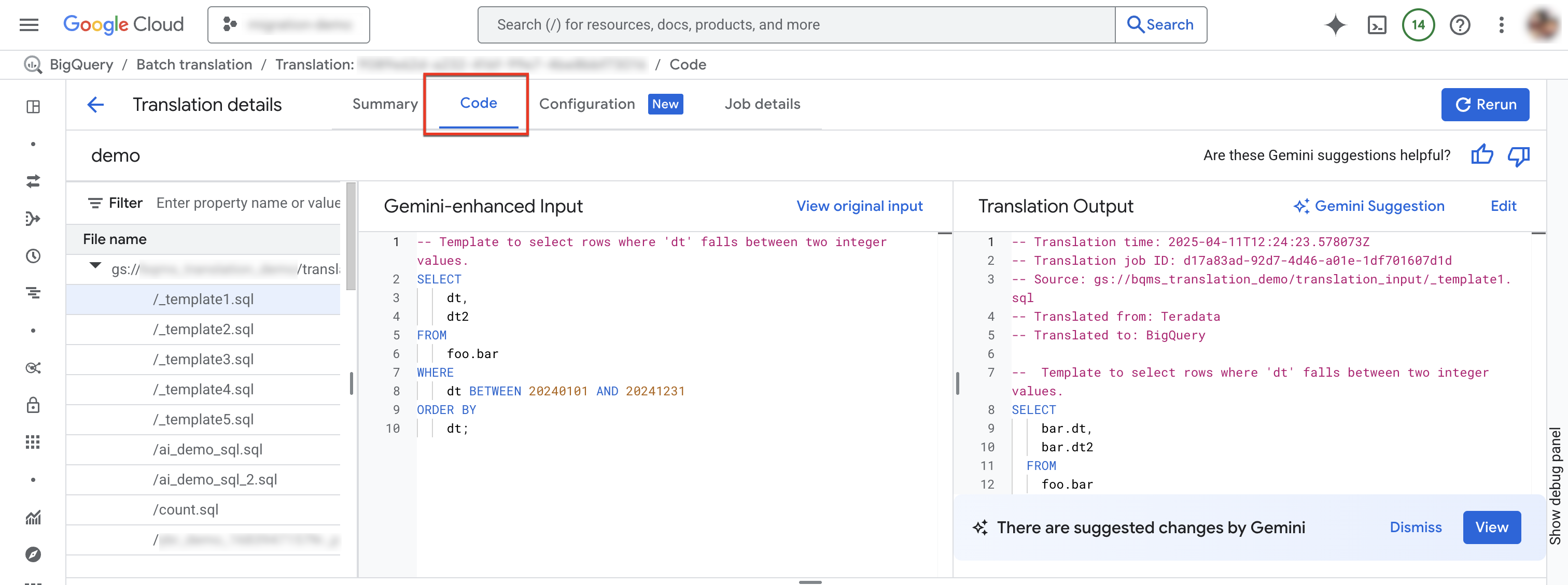SQL 변환 페이지에서 코드 탭을 봅니다.