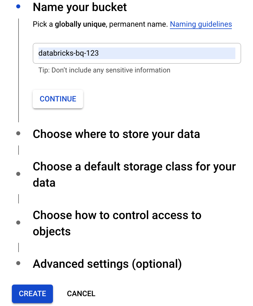 Boîte de dialogue de nommage de bucket avec le nom databricks-bq-123