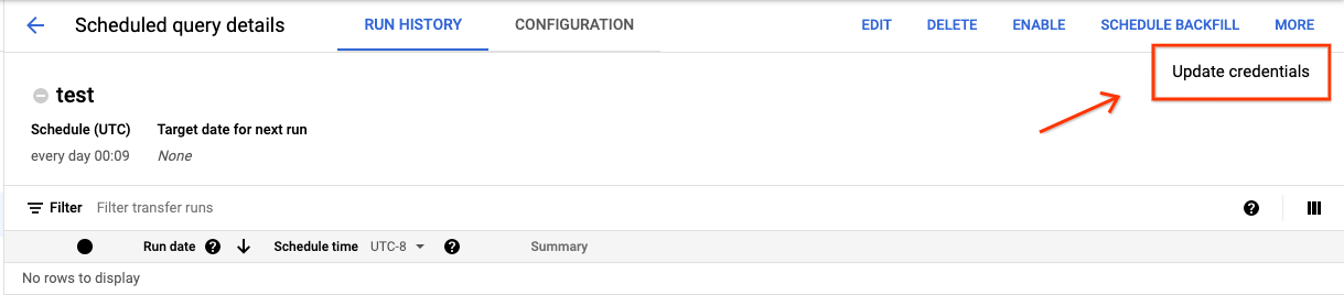 スケジュールされたクエリの認証情報を更新します。