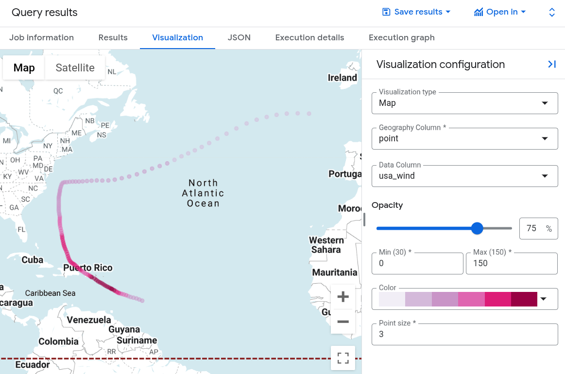 Hurricane Maria query results visualization in BigQuery