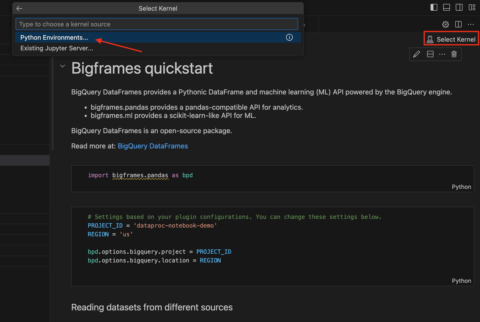 The select kernel interface in the VS Code console.