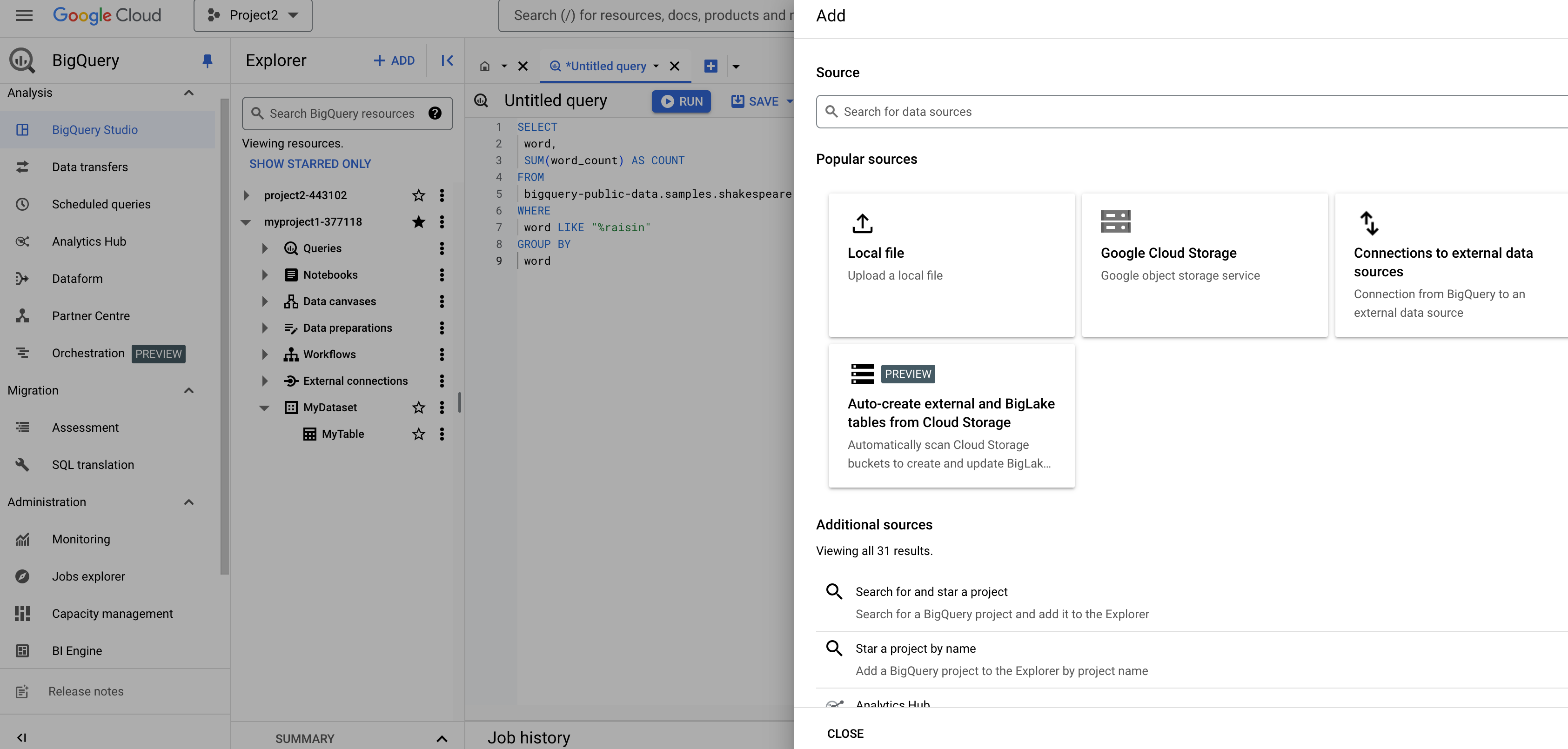 Trois sections de la page BigQuery.