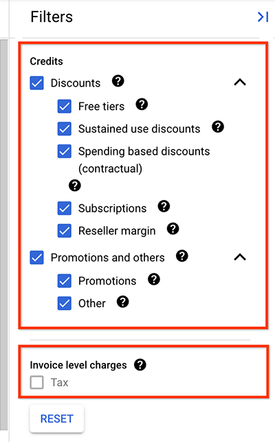 Configuración de los filtros de cargos a nivel de factura y créditos en el panel de filtros.