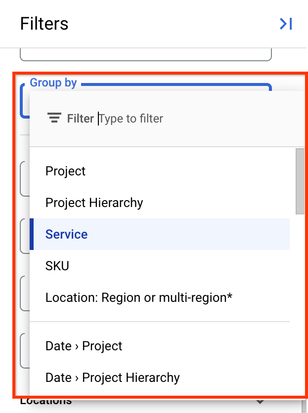 Configuración de la opción Agrupar por en el panel de filtros.